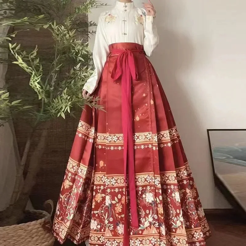 

Женская юбка с рисунком лошади Hanfu, женская модель, черный, белый рубашка + черная, синяя, красная, абрикосовая халат, юбка, комплекты, Новинка