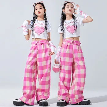 Hip Hop Girls Crop Top Plaid Pants Boys Loose T-shirt Street Dance Child Streetwear Teen Sweet Clothes Sets Kids Jazz Costumes 1
