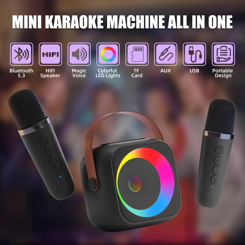 Mini Machine De Karaoké Pour Enfants, Haut-parleur Bluetooth Portable Avec 2 Microphones Sans Fil Et Lumières LED Pour Fête à La Maison, Anniversaire