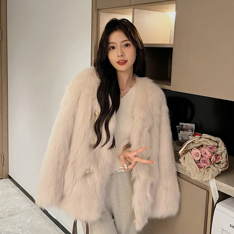 Women Imitation Fox Fur Coat 2024 Korean Fashion Button Patchwork Midi-Length Outwear All-Match Loose Plush Winter Jacket S-L