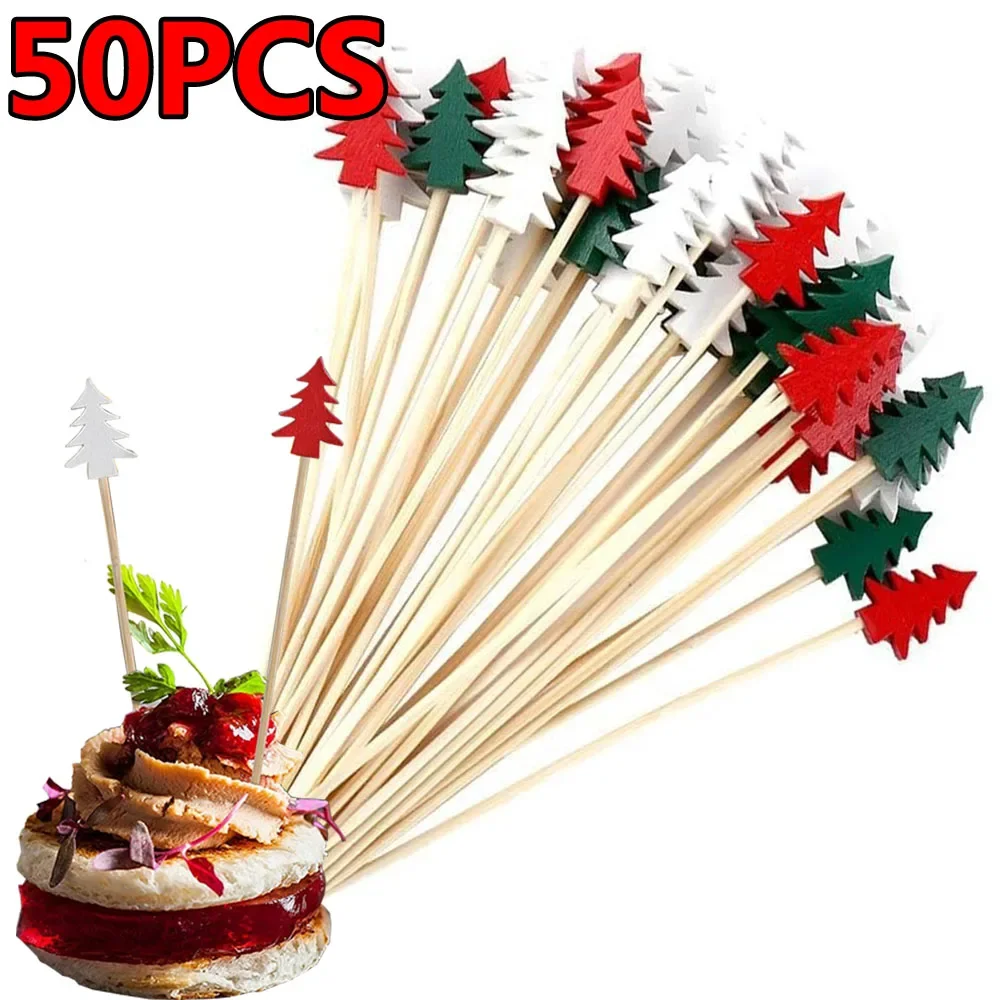 50PCS Disposable Christmas Bamboo Forks Red White Green Christmas Tree Tableware 2024 Christmas Party Decor Supplies