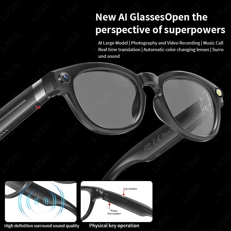 LIGE AI Smart Glasses 4K HD 800W Camera Shoot Video 290mAh Battery Voice Assistant Control Calling Outdoor Color-change Lenses