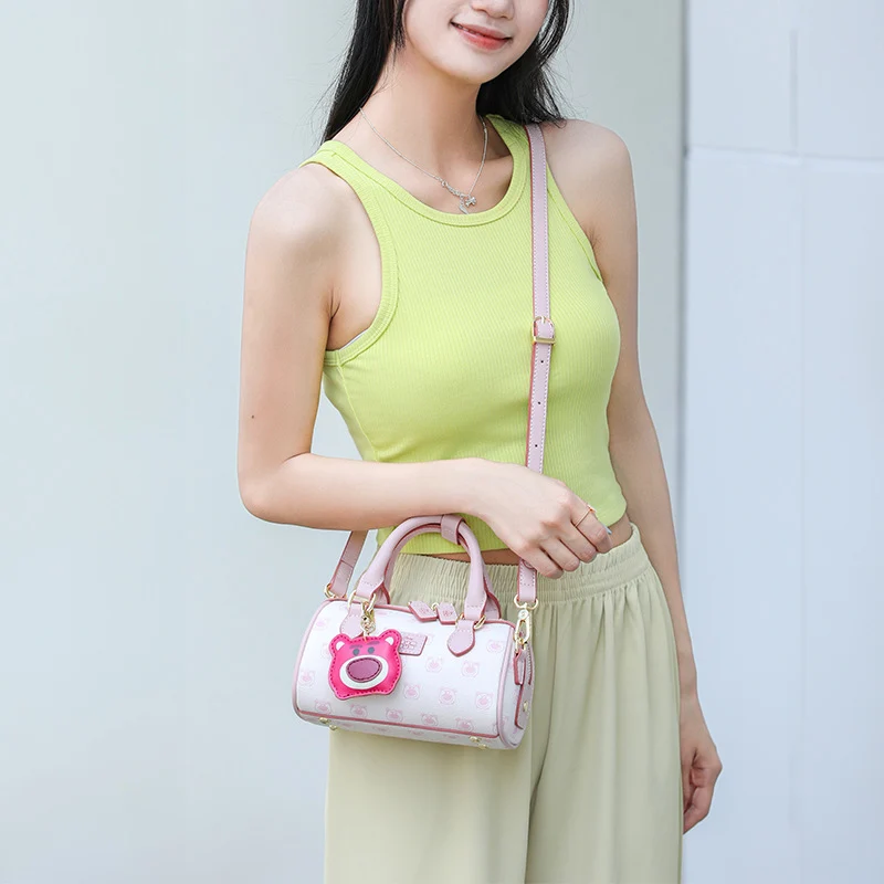 Disney Lotso Pink Boston Shoulder Bag Cartoon Strawberry Bear PU Leather Brand Bag Women Handbag Crossbody Bags With Pendant 6
