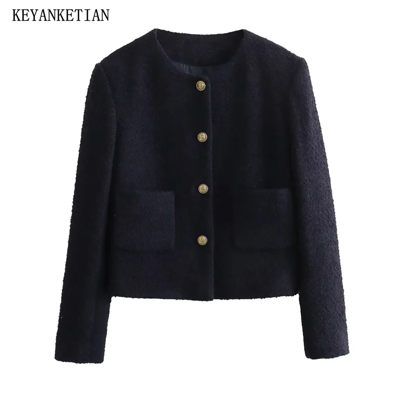 

KEYANKETIAN New Launch Women's Tweed Texture Single Breasted Short Suit Stylish Simply Double Pockets O-Neck Cropped Blazer Top