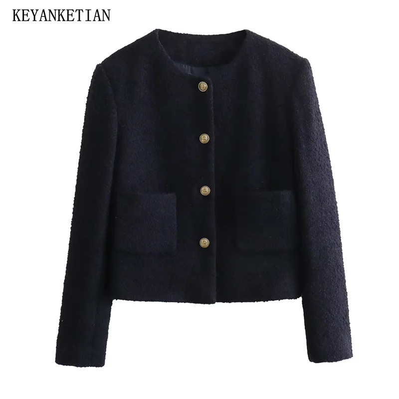 

KEYANKETIAN Новый женский твидовый однобортный короткий костюм с простой двойными карманами и круглым вырезом