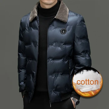 Men Autumn Winter Cotton Jacket Fur Collar Warm Comfortable Padded Thickened Down Jacket New Solid Clothes L-5XL Coat