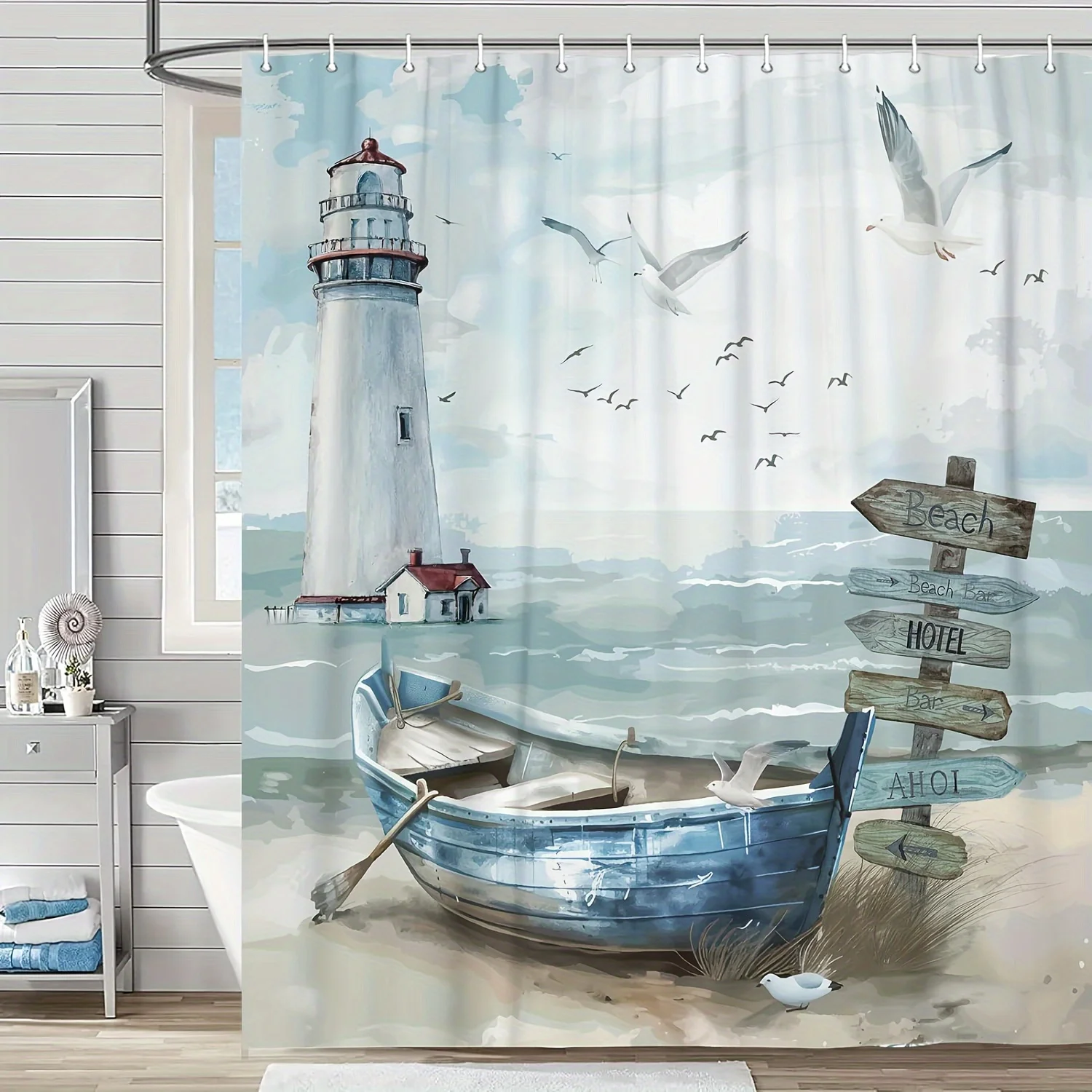 Nautical Coastal Shower Curtain, Ocean Lighthouse & Sailboat Design, Blue Teal Decor with Hooks, Bathroom & Window Use 1