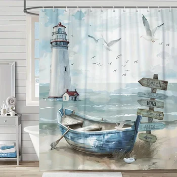 Nautical Coastal Shower Curtain, Ocean Lighthouse & Sailboat Design, Blue Teal Decor with Hooks, Bathroom & Window Use 1