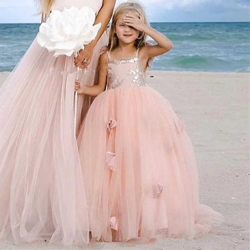 

Beach Wedding For Flower Girl Dresses Blush Pink Tutu Spaghetti Ruffles Girls Pageant Gowns For Baby Child Birthday Party Dress