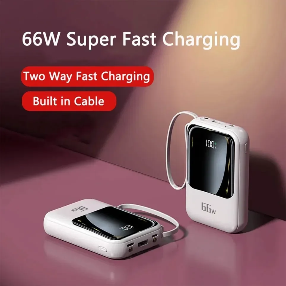 

20000mAh Mobile Power Supply With Built-In Cable 66W Super Fast Charging Power Bank Waterproof Portable Mobile Phone Accessories