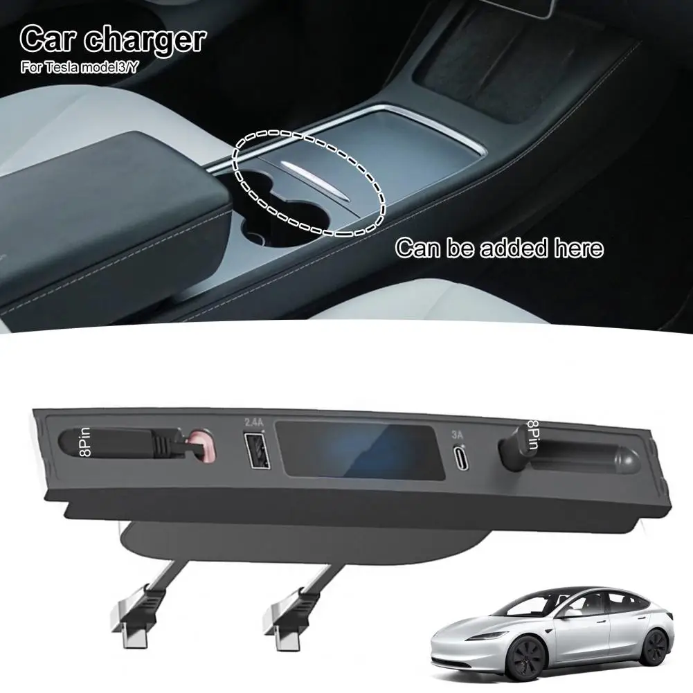 Car USB Charger Multi Ports Retractable Cable Fast Charging High Speed Transmission LCD Display USB Hub for Tesla Model 3/Y docking station for tesla model 3 y 2021 fast charging usb splitter 6 in 1 ports usb hub cable charger extension car accessories
