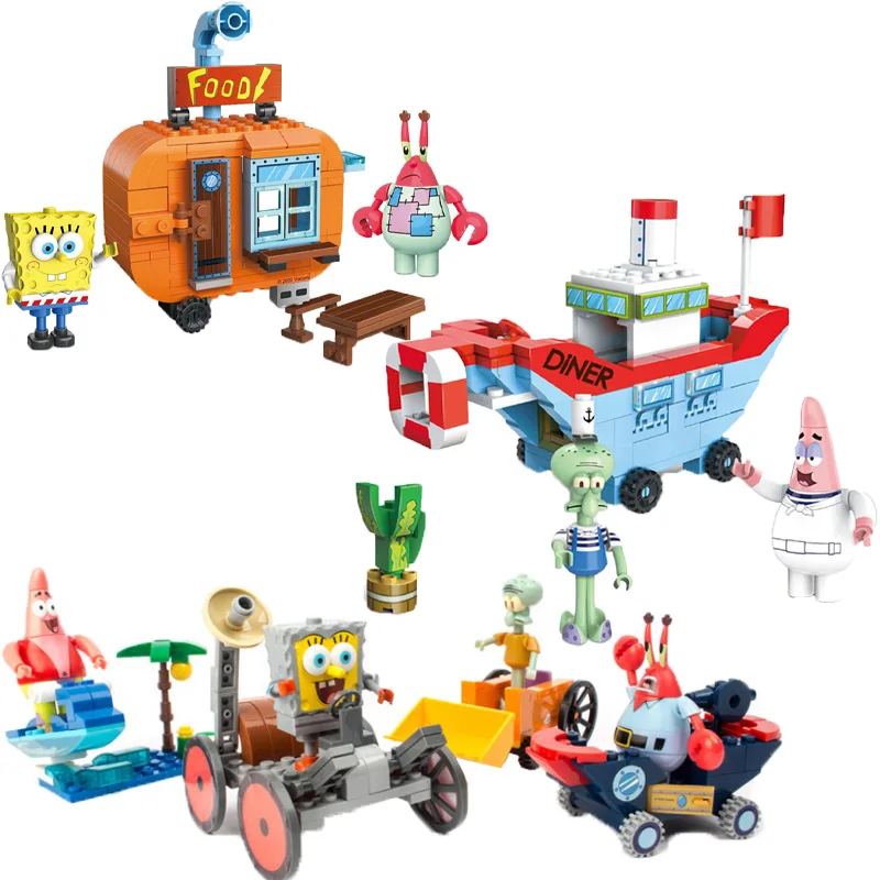 Classic Cartoon Spongebob Squarepants Building Block Kit Bikini Bottom Krusty Krab Model Bricks Patrick Star Set Giocattoli Per Bambini Regali