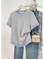2025 New Women's Loose Fit Casual Stripe ort Sve T-irt Korean Sle Commute Faion Chic Cotton Polyester Blend - Image 2
