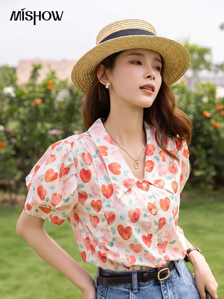 MISHOW Korean Chic  Fashion Women Stylish Blouses Summer French Sweet Retro Floral Polo-neck Puff Sleeves Tops MXB27C0450 2023 spring summer chic men s pantsuits high quality retro floral print short sleeves casual shirt shorts two piece set c767