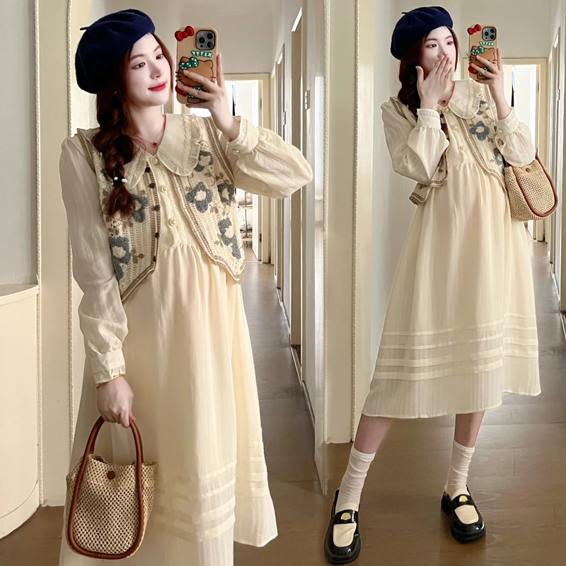 Spring Maternity Dress Suits Fashion Long Sleeve Dress Vintage Vest Twinset Plus Size Pregnant Woman Clothing Sets Twinset