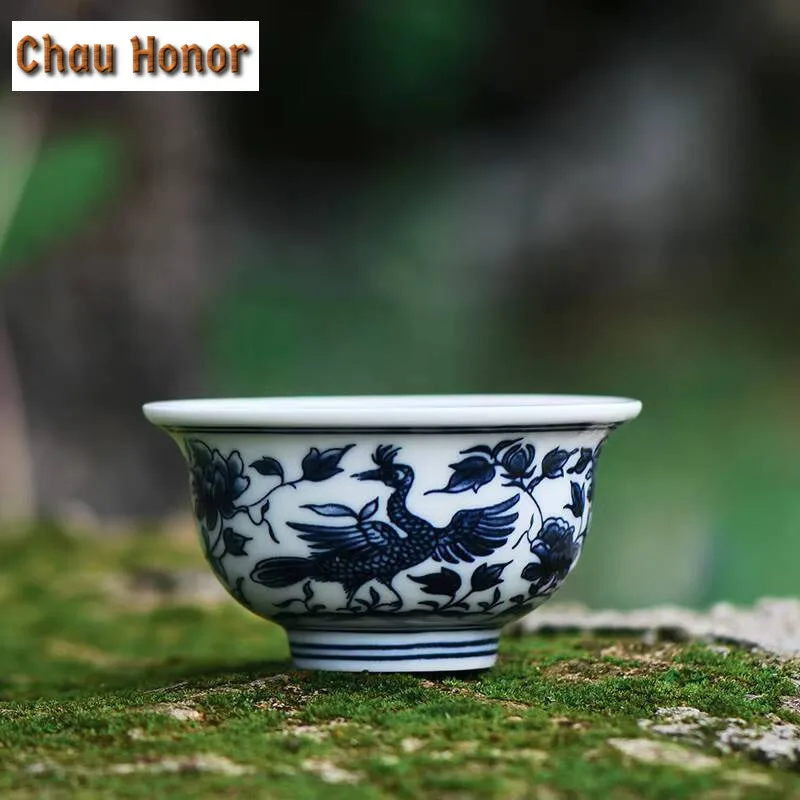 120ml Flying Crane in Flower Ceramic Tea Cup Antique Blue and White Porcelain Press Hand Cup Large Puer Tea Bowl Kung Fu Tea Set