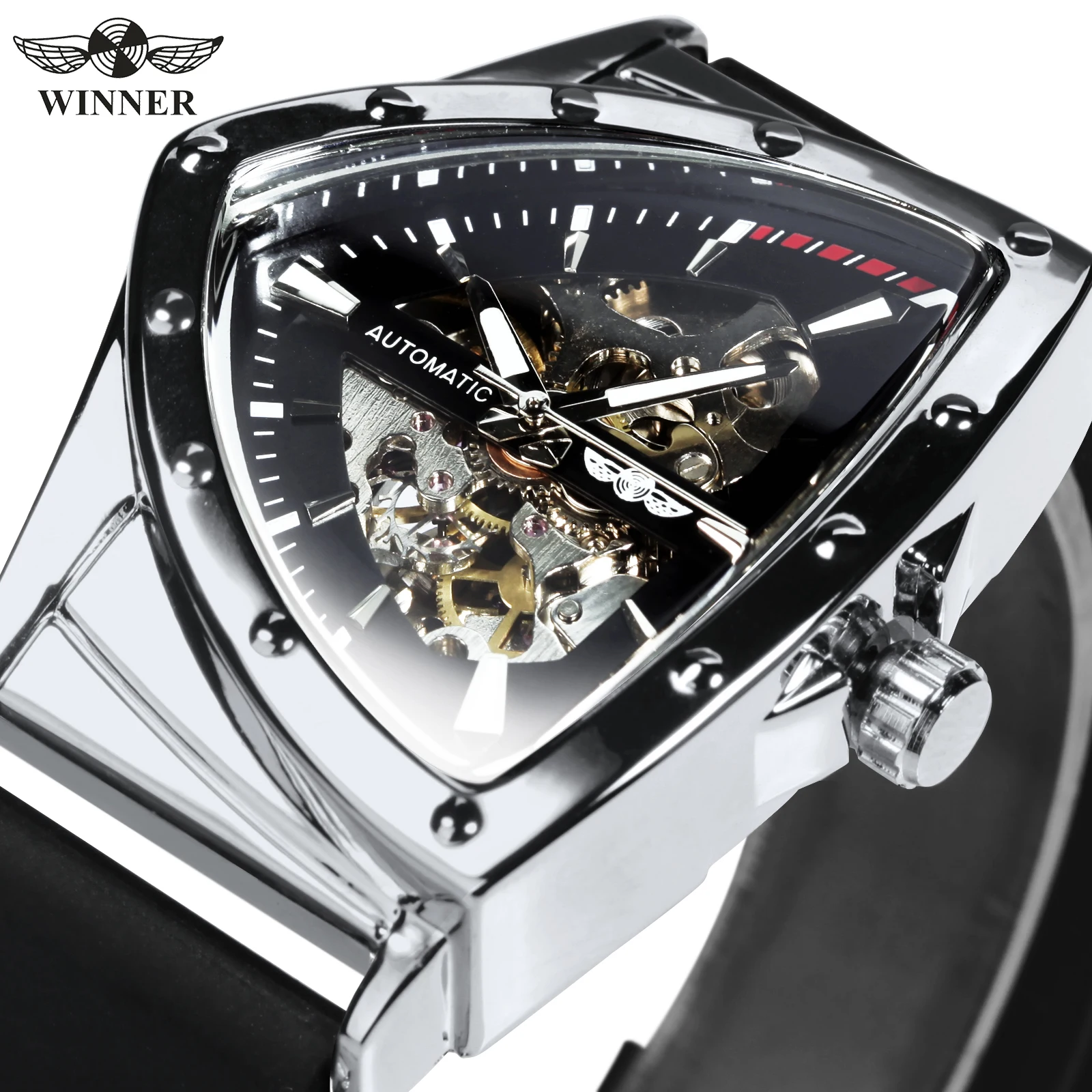 Mechanical Watch WINNER Sport Military Triangle Skeleton Men Mechanical Wristwatches Luxury Rubber Strap Automatic Luminous