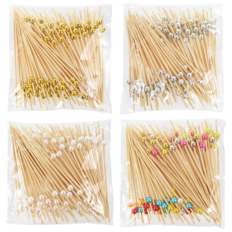 

100pcs 12cm Gold Beads Bamboo Fruit Sticks Fruit Salad Snack Fork Cocktail Decor Cake Buffet Toothpicks Wedding Party Supplies