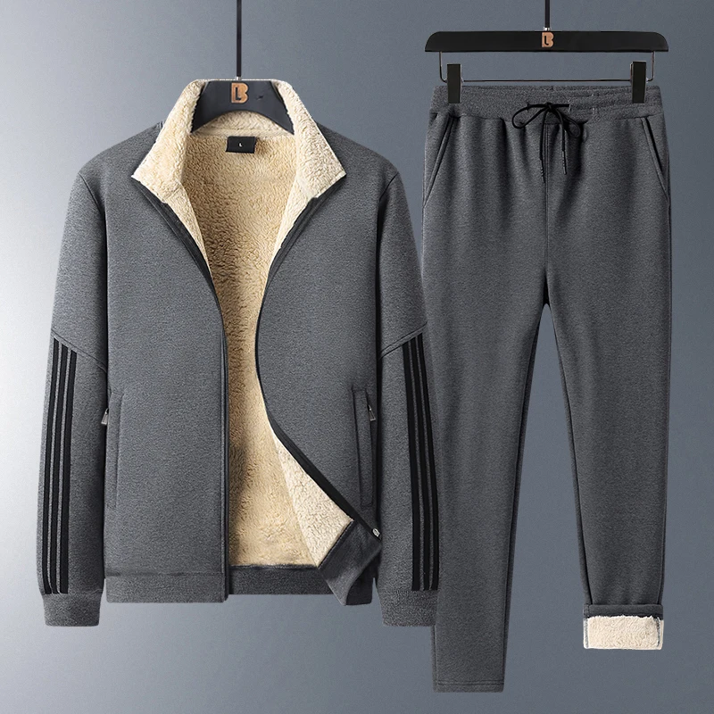 Mens Sets 2023 Winter Warm Fleece Tracksuit Fashion Hoodies+Pants Set Men Casual Thick Sportswear Hooded Clothes Sweatshirt 2