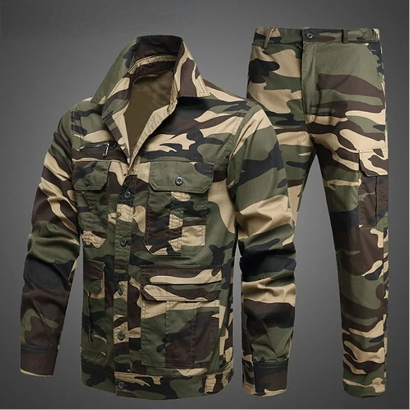 

Camouflage Military Sets Mens Wear-resistant Multi-pockets Shirts Jacket +cargo Pants Suits Outdoor Hiking Hunting Clothing Male
