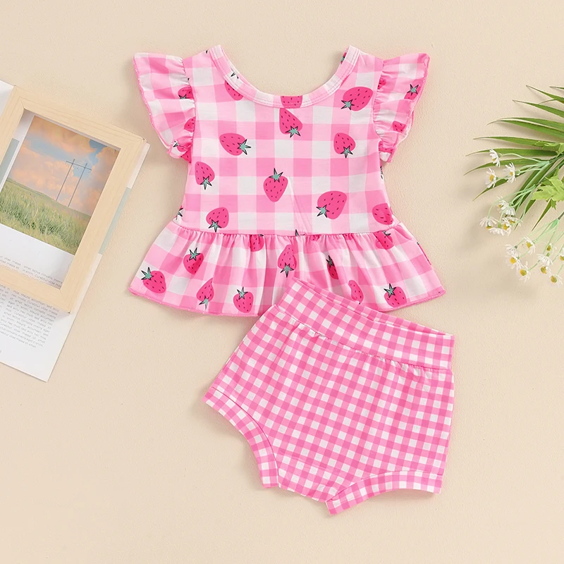 

Летняя одежда для маленьких девочек, топы и шорты с летящим рукавом и принтом клубники, комплект одежды для малышей