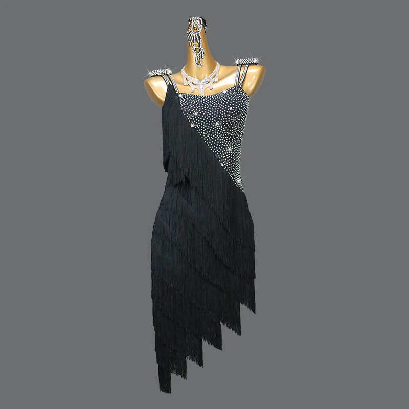 

2024 Black Latin Dance Dress Competition Sexy Women Stage Wear Fringe Skirt Sport Ballroom Clothes Prom Costume Ladies Line Suit