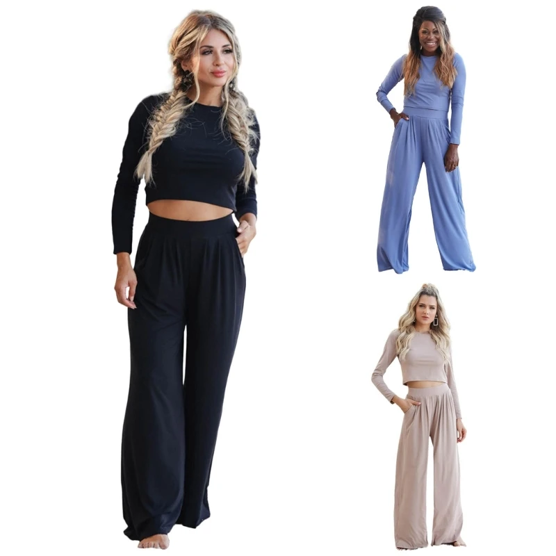 

Women 2Piece Set Outfits Long Sleeve Bodycon Crop Top Loose Wide Leg Pant