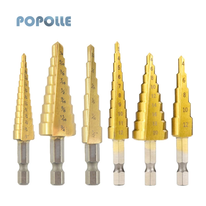 3pcs HSS Titanium-plated Step Drill Bits Straight Slotted Hexagonal Shank Metal Aluminum Plate Thin Iron Reamer Metric/Inch Set 1pc step drill bit hexagonal shank titanium plated spiral step drill 4 22mm make holes of various sizes water cooling work bit