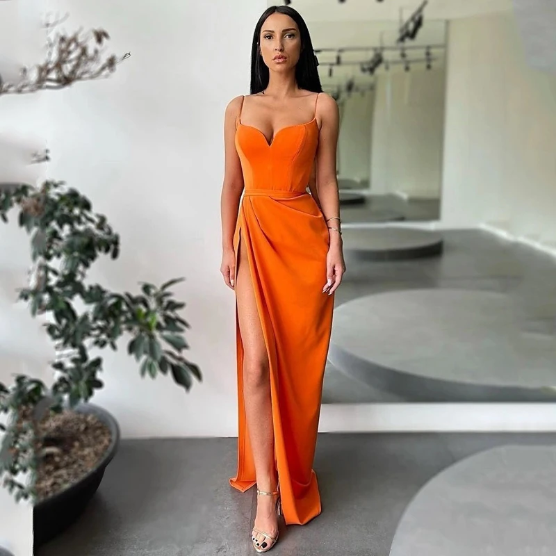 

Sexy Prom Dresses Spaghetti Straps Satin High Split Evening Dress Saudi Arabia Mermaid Sleeveless Cocktail Party Gowns