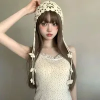 Boho Knitted Thin Hollow Handmade Crochet Korean Knitted Hats For Women Spring Summer Travel Versatile Concave Strap Beanies Cap 2