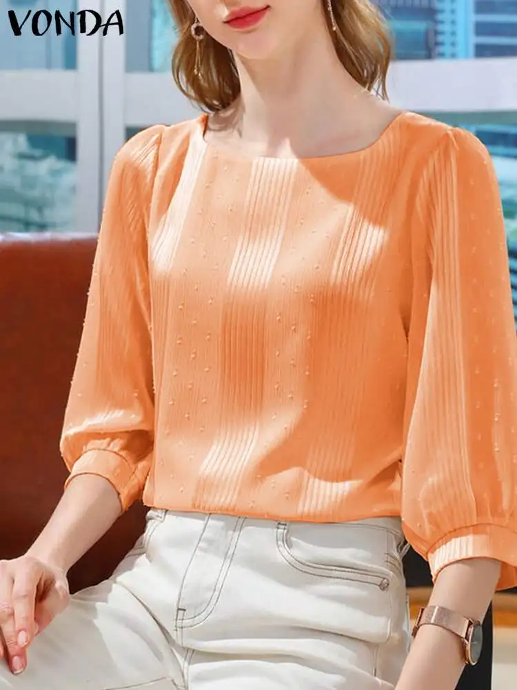 

Женская Элегантная блузка VONDA, летние топы, рубашки, модная повседневная однотонная туника с пышными рукавами и круглым вырезом, офисные Блузы 2024