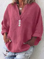 Plus Size 1XL-5XL Women's Solid Color Casual Shirt Top Fashionable Button Up Lapel Long Sleeved Shirt - Image 3