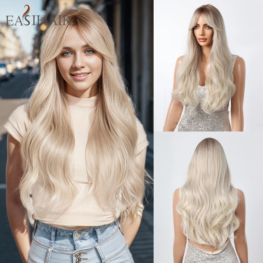 

EASIHAIR Long Wavy Wigs with Bangs Platinum Blonde Ombre Synthetic Wigs for Women Daily Hair Wigs Heat Resistant Fiber