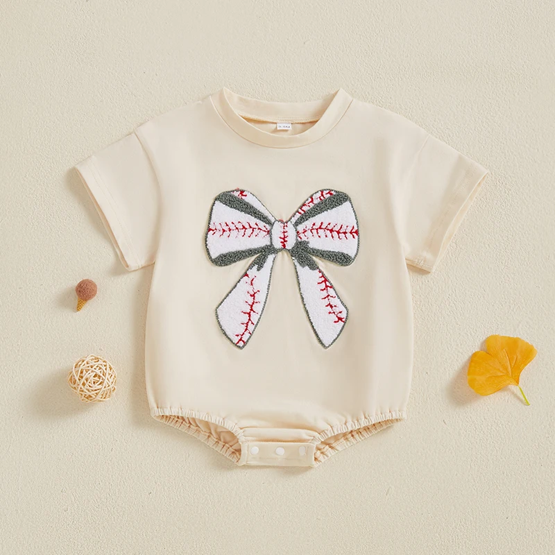 FOCUSNORM 0-18M Lovely Baby Girls Boys Summer Cute Romper Short Sleeve Rugby Bow Embroidery Jumpsuits Clothes 3