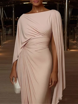 Elegant High Waist Solid Color Banquet Dress Lady Leisure Irregular Long Sleeve Dress Sexy Slash Collar Pleat Slim Evening Dress 1