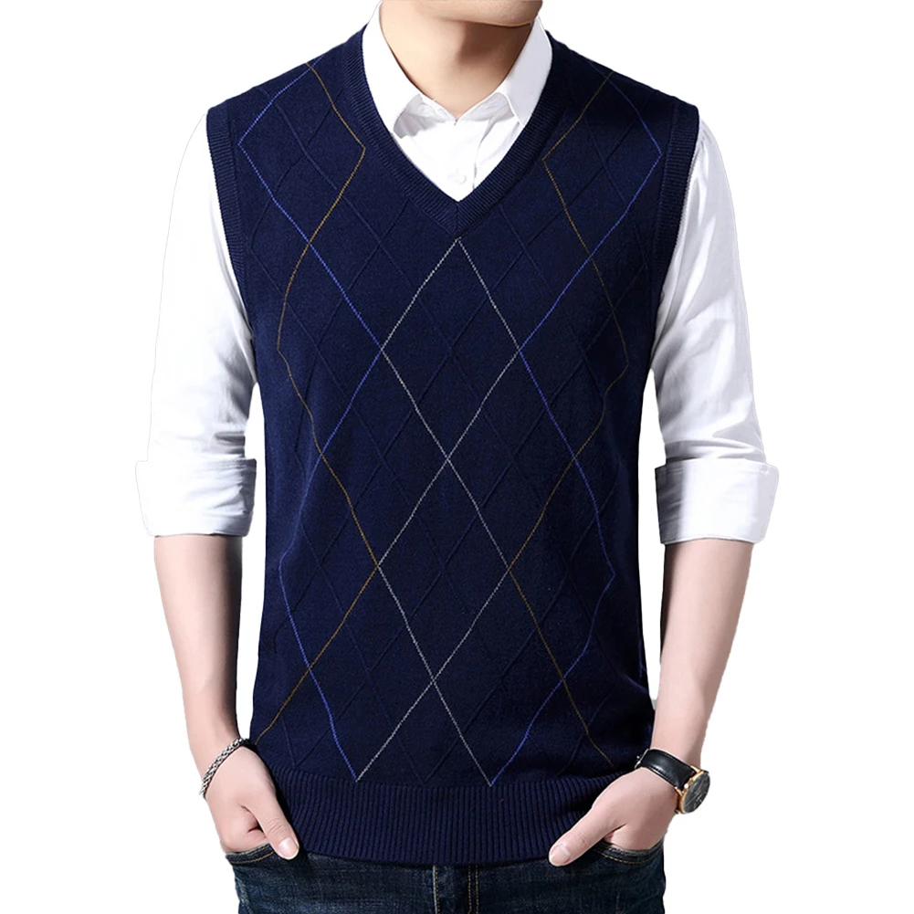

Sleeveless Pullover Men Sweater Vest Knitted Tank Top V Neck Casual Plaid Top Grey Color Comfortable Fit