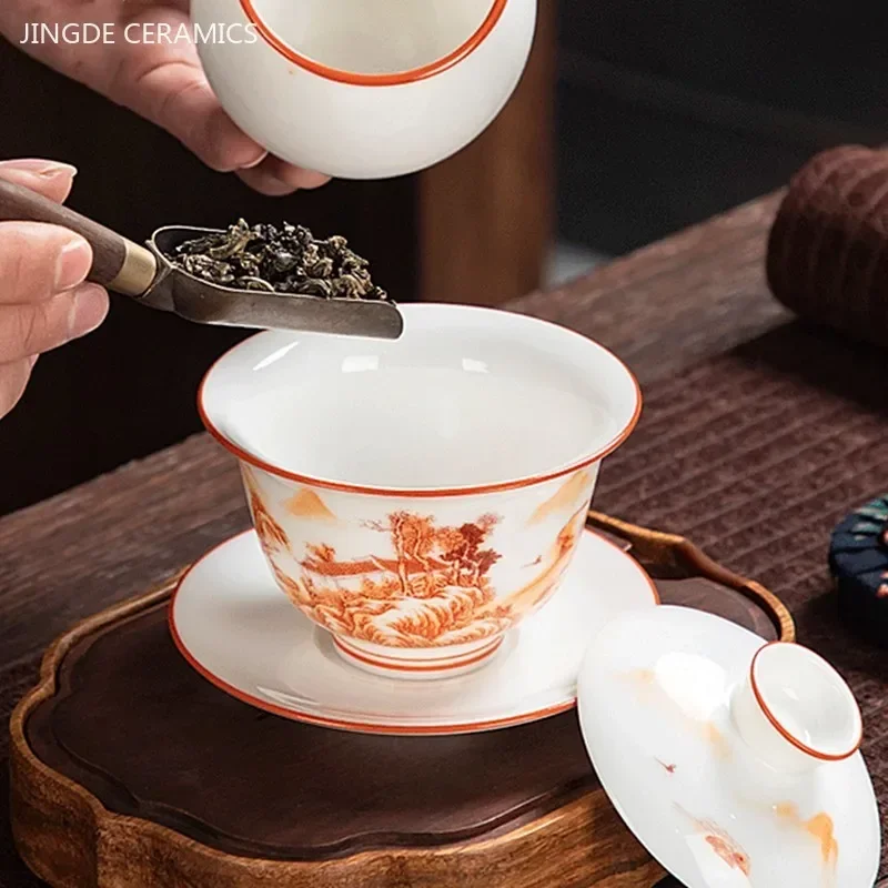 White Fat Jade Ceramic Teacup Sancai Gaiwan with Lid Tea Infuser Chinese Porcelain Tea Set Handmade White Porcelain Teabowl