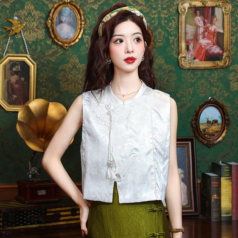 

Новинка, женская блузка без рукавов с воротником-стойкой, блузка в китайском стиле с кисточками, рубашка, женские топы, модные женские блузки 2024, летние J536