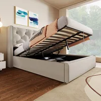 Гидравлическая двуспальная кровать 160х200см, кровать с решетчатым основанием из металлического каркаса, хлопок, светло-серый — изображение 4