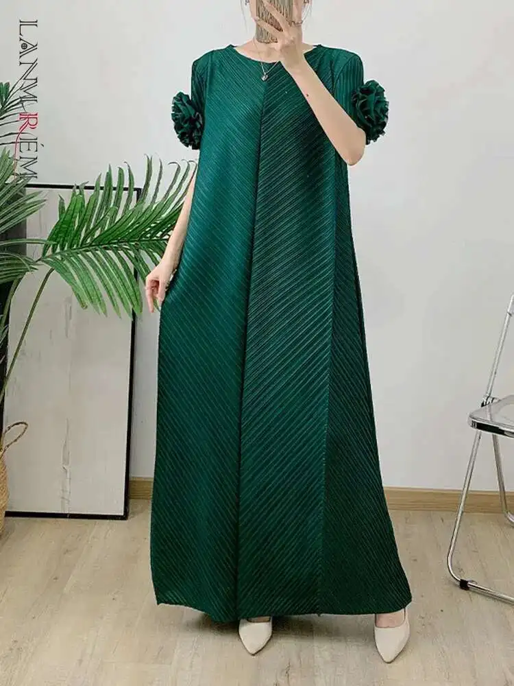 LANMREM Ruffles Sleeves Pleated Dress Women Solid Color Maxi Dresses Loose Elegant Style Party Clothing 2024 Summer 2DA8087