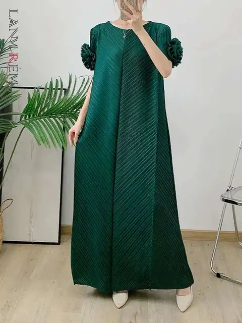 LANMREM Ruffles Sleeves Pleated Dress Women Solid Color Maxi Dresses Loose Elegant Style Party Clothing 2024 Summer 2DA8087