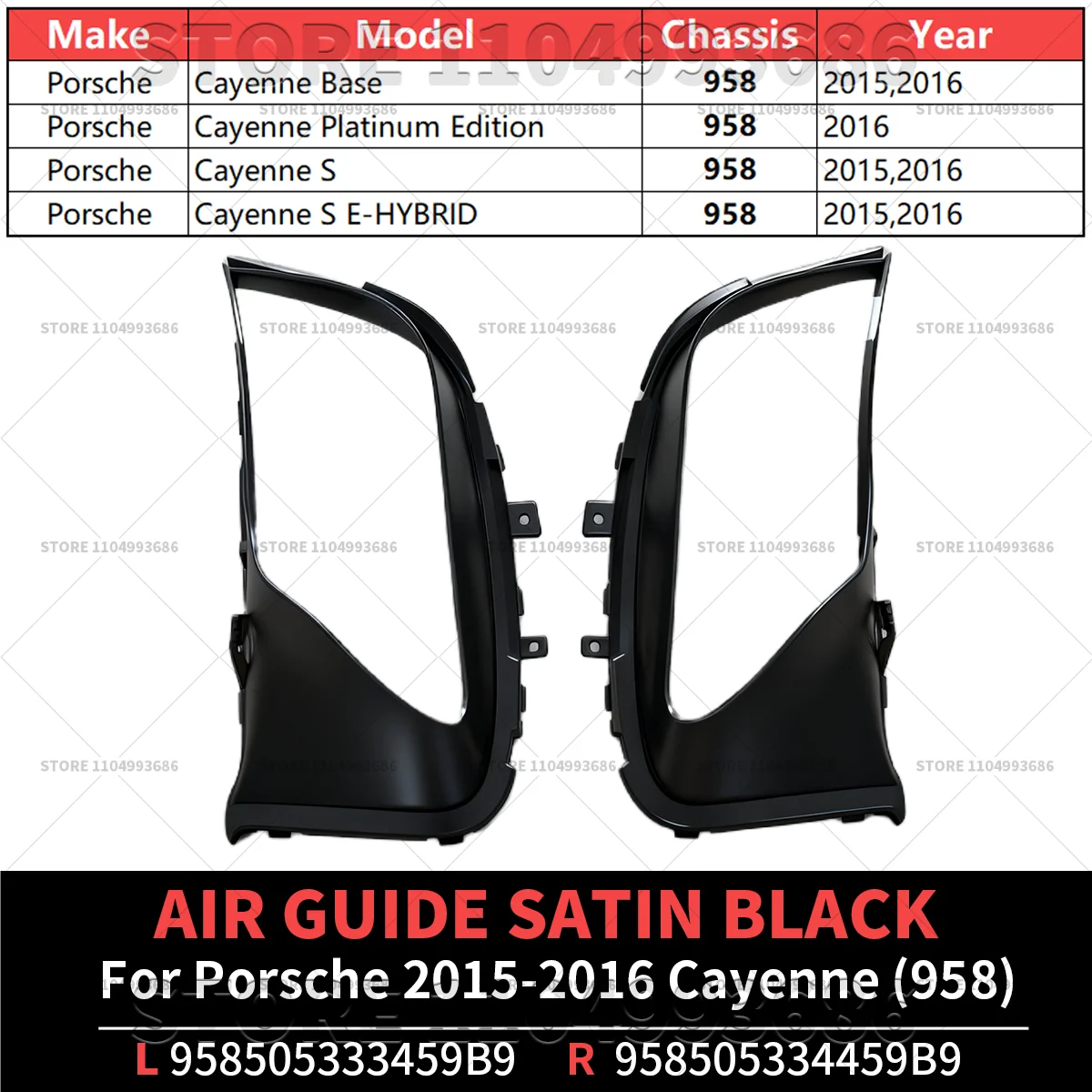2015 2016 포르쉐 카이엔 (958) 프론트 범퍼 에어 가이드 새틴 블랙 OEM 958505333459B9 958505334459B9 95850533345 95850533445