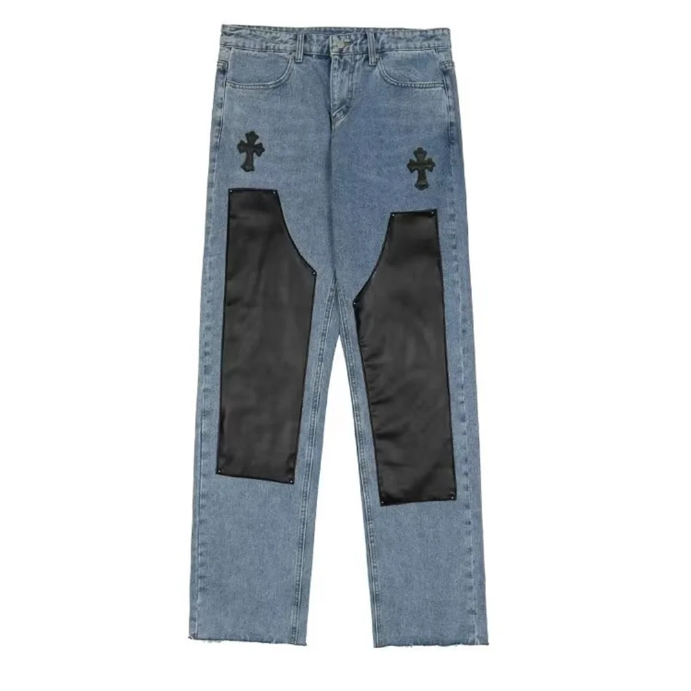 High Street Color Block Spliced Washed Jeans Mens Oversize Wide Leg Straight Denim Flare Pants Retro Loose Casual Trousers