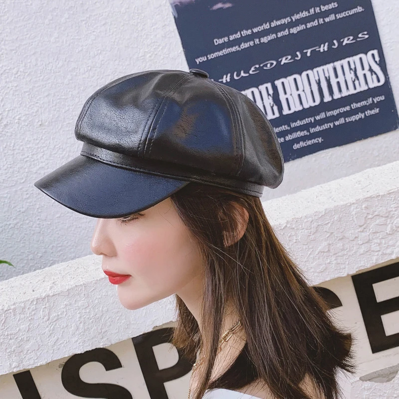 

PU Beret Women's Autumn Winter Newsboy British Vintage Street Painter's Hat Red Hat White Letter Berets Octagonal Hat