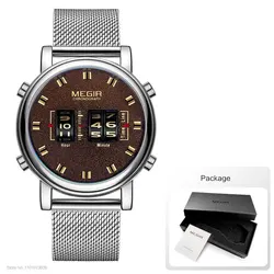 Luxury Men's Military Sport Quartz Watch with Brown Leather Strap (Mesh - Silver - Box)