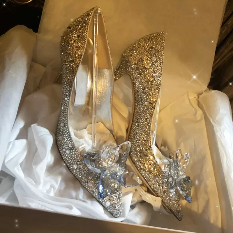 Cinderella Gold Crystal Wedding Shoes 2023 Leather 8 cm Stiletto Heels  Pointed Toe Pumps