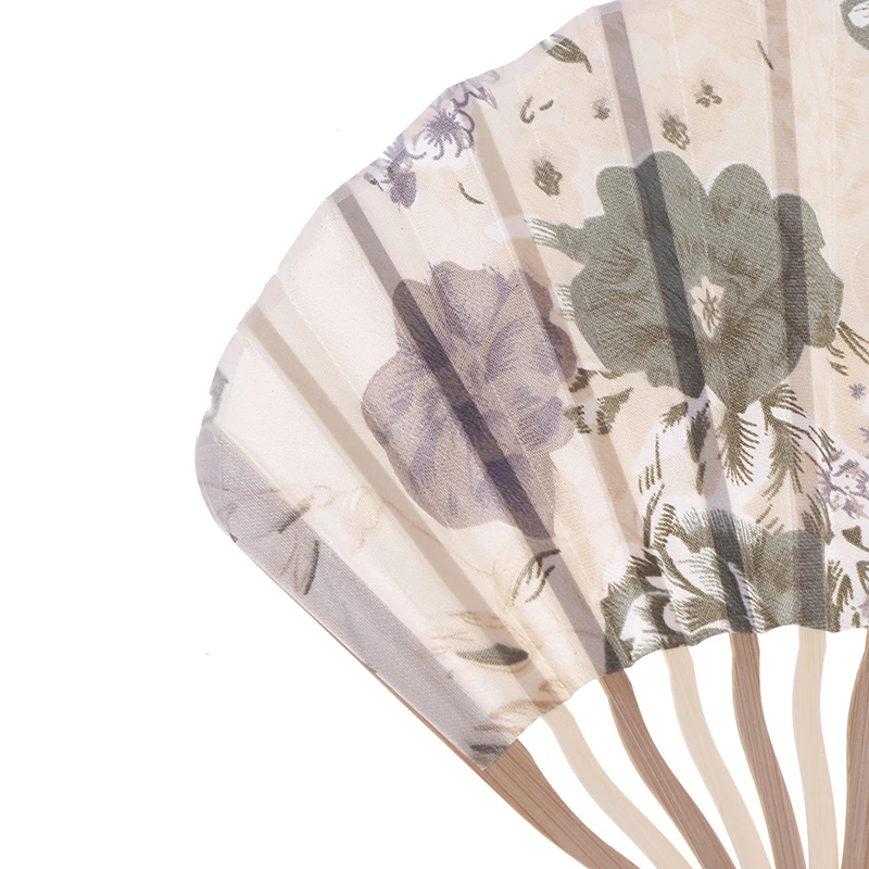 1Pc Japanese Style Shell Shaped Fan With Storage Bag Silk Cloth Bamboo Folding Fans Single-side Flower Curved Fanbone Hand Fan