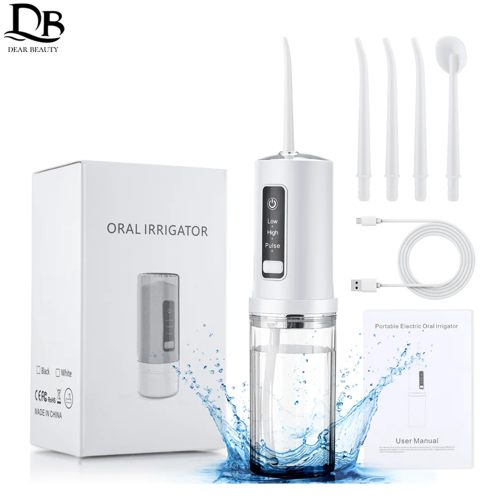 

Oral Irrigator USB Rechargeable Water Flosser Portable Dental Water Jet 230ML 4 Nozzles Water Tank Waterproof Teeth Cleaner