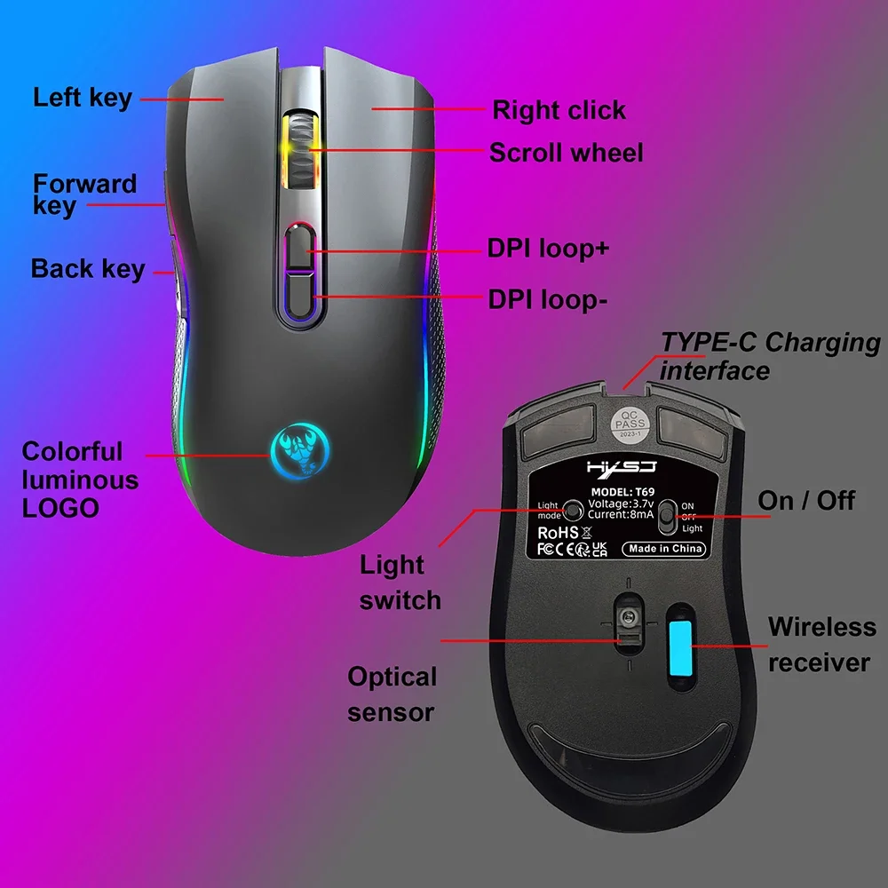 Rechargeable Gaming Usb Wireless Mouse White Rgb Gamer Maus 8 Buttons 4800dpi Cordless Mice For Computer Laptop_voghion.com