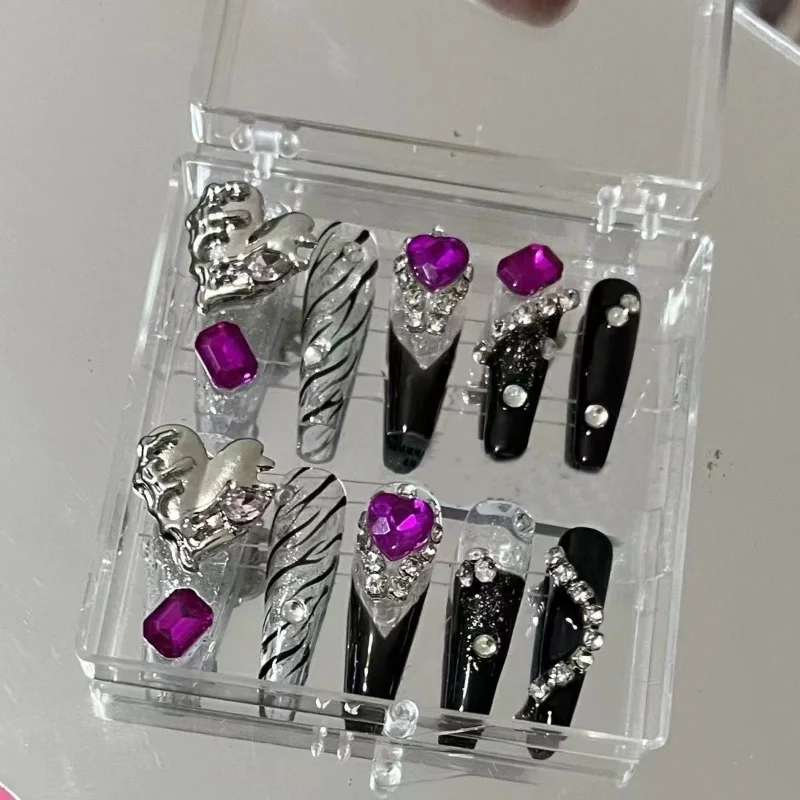 Uñas postizas de estilo Punk Y2K hechas a mano, puntas largas de ataúd, purpurina, diamantes de imitación, uñas falsas cortas reutilizables con pegamento, regalo